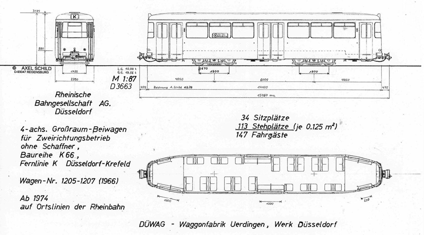 Чертеж одиночного вагона трамвая Duewag K66