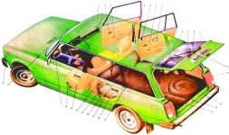 Компоновочная схема ВАЗ-2104 1. Фара, сблокированная с указателем поворота. 2. Радиатор системы охлаждения. 3. Аккумуляторная батарея. 4. Распределитель зажигания. 5. Воздушный фильтр. 6. Двигатель. 7. Вакуумный усилитель с главным цилиндром гидропривода тормозов 8. Главный цилиндр гидропривода выключения сцепления. 9. Рулевое колесо. 10. Внутреннее зеркало заднего вида. 11. Заднее сиденье. 12. Запасное колесо. 13. Задний тормоз. 14. Пружина задней подвески. 15. Амортизатор задней подвески. 16. Задний мост. 17. Карданная передача. 18. Переднее сиденье. 19. Наружное зеркало заднего вида. 20. Рычаг стояночного тормоза. 21. Рычаг переключения передач. 22. Коробка передач. 23. Педаль гидропривода сцепления. 24. Педаль гидропривода тормозов. 25. Педаль акселератора. 26. Рулевой механизм. 27. Передний тормоз. 28. Пружина передней подвески с амортизатором. 29. Топливный насос. 30. Масляный фильтр.