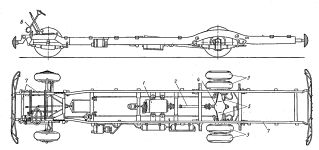 Шасси троллейбуса МТБ-82Д. 1 - тяговый двигатель 2 - карданный вал 3 - ведущие колеса 4 - червячный редуктор 5 - кожух заднего моста 6 - рулевое управление 7 - рама