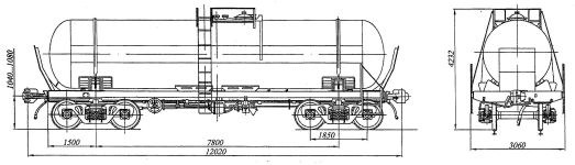 Чертеж вагона модели 15-1601-01. 4-осная цистерна для меланжа